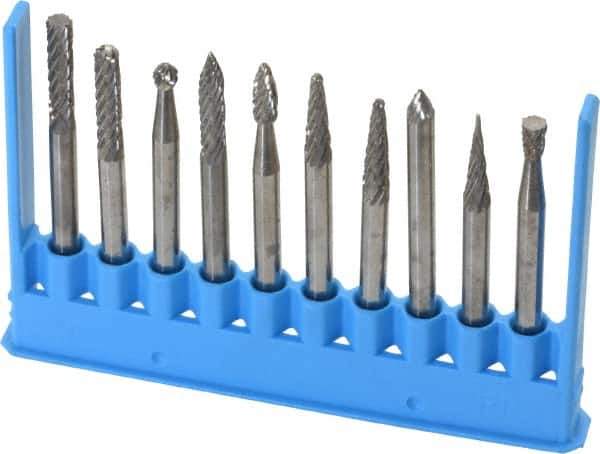 Made in USA - 10 Piece, 1/8" Shank Burr Set - Tungsten Carbide - Industrial Tool & Supply