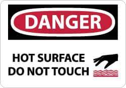 NMC - Accident Prevention Label, Header: DANGER - Legend: Danger - Hot Surface - Do Not Touch, English, Red, Black & White, 5" Long x 3" High, Sign Muscle Finish - Industrial Tool & Supply