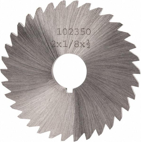 Made in USA - 2" Diam x 1/8" Blade Thickness x 1/2" Arbor Hole Diam, 34 Tooth Slitting and Slotting Saw - Arbor Connection, Right Hand, Uncoated, High Speed Steel, Concave Ground, Contains Keyway - Industrial Tool & Supply