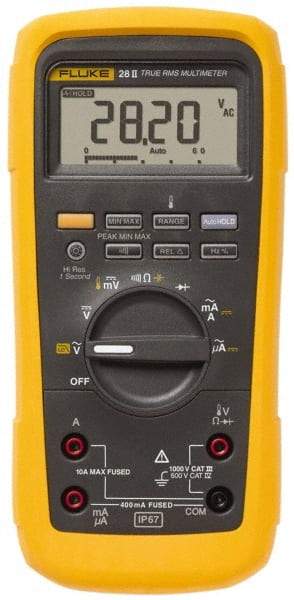 Fluke - 28-II, CAT IV, CAT III, 1,000 VAC/VDC, Digital True RMS Auto Ranging Manual Ranging Multimeter - 50 mOhm, Measures Voltage, Capacitance, Current, Frequency, Resistance, Temperature - Industrial Tool & Supply