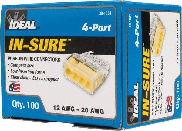 Ideal - 4 Port, 18 to 12 AWG Compatible, Push-In Wire Connector - 0.78" OAL x 0.82" OAW x 0.38" OAH, Yellow - Industrial Tool & Supply