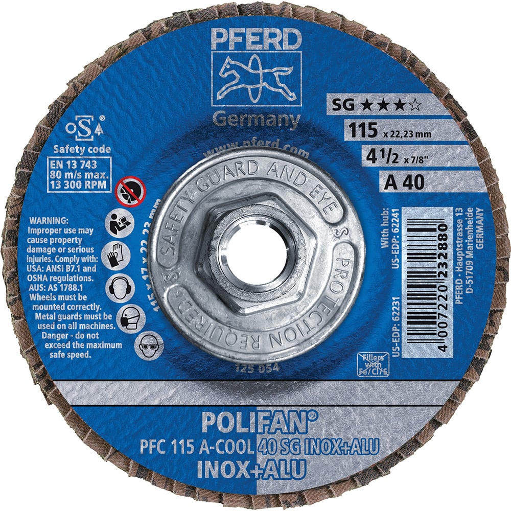 PFERD - Flap Discs; Abrasive Type: Coated ; Flap Disc Type: Type 29 ; Disc Diameter (Inch): 4-1/2 ; Abrasive Material: Aluminum Oxide ; Grit: 40 ; Attaching System: Threaded Hole - Exact Industrial Supply