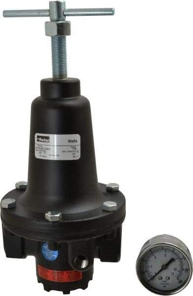 Parker - 3/4 NPT Port, 400 CFM, Zinc Heavy-Duty T-Handle Regulator - 2 to 125 psi Range, 300 Max psi Supply Pressure, 1/4" Gauge Port Thread, 4.38" Wide x 10" High - Industrial Tool & Supply