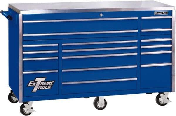 EXTREME TOOLS - 17 Drawer Steel Tool Roller Cabinet - 72" Wide x 46-3/4" High x 30" Deep, Ball Bearing Drawer Slides, Blue - Industrial Tool & Supply