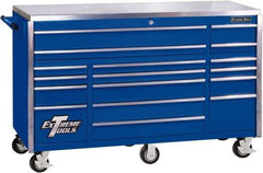 EXTREME TOOLS - 17 Drawer Steel Tool Roller Cabinet - 72" Wide x 46-3/4" High x 30" Deep, Ball Bearing Drawer Slides, Blue - Industrial Tool & Supply