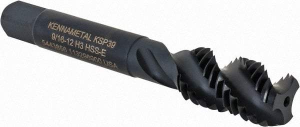 Kennametal - 9/16-12 3 Flute Bottoming Spiral Flute Tap - Vanadium High Speed Steel, Oxide Finish, 3-19/32" OAL, Right Hand Flute, Right Hand Thread, H3, Series GOtap\xAE - Industrial Tool & Supply