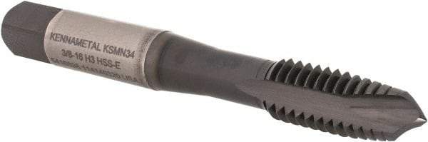 Kennametal - 3/8-16, 3 Flute, TiN/CrC/C Finish, Vanadium High Speed Steel Spiral Point Tap - Plug Chamfer, Right Hand Thread, 2-15/16" OAL, 19.1mm Thread Length, 9.68mm Shank Diam, 3B Class of Fit, Series GOtap - Exact Industrial Supply