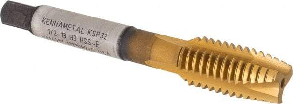 Kennametal - 1/2-13, 3 Flute, TiCN/TiN Finish, Vanadium High Speed Steel Spiral Point Tap - Plug Chamfer, Right Hand Thread, 3-3/8" OAL, 23.9mm Thread Length, 9.32mm Shank Diam, 3B Class of Fit, Series GOtap - Exact Industrial Supply