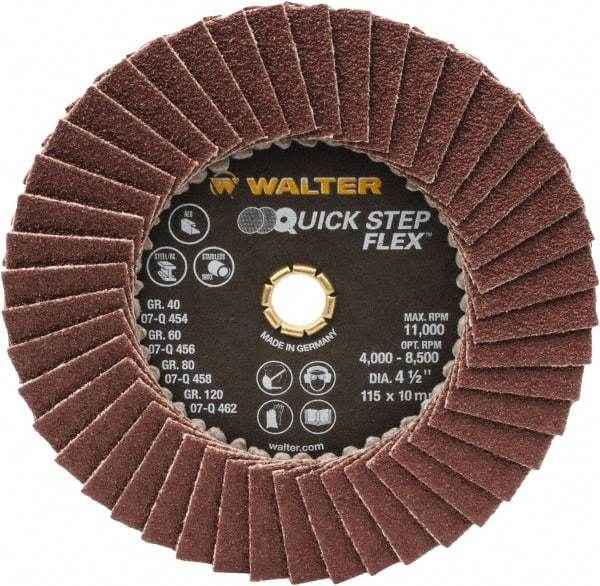 WALTER Surface Technologies - 60 Grit, 4-1/2" Disc Diam, Type 29 Aluminum Oxide Flap Disc - 11,000 Max RPM, Fiber Backing, Arbor Attaching System, Coated - Industrial Tool & Supply