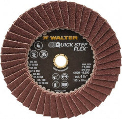 WALTER Surface Technologies - 60 Grit, 4-1/2" Disc Diam, Type 29 Aluminum Oxide Flap Disc - 11,000 Max RPM, Fiber Backing, Arbor Attaching System, Coated - Industrial Tool & Supply