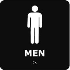 NMC - Men, 8" Wide x 8" High, Plastic Sign - English, Braille, White on Black, Wall Mount - Industrial Tool & Supply