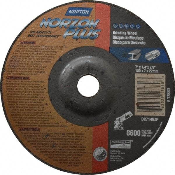 Norton - 24 Grit, 7" Wheel Diam, 1/4" Wheel Thickness, 7/8" Arbor Hole, Type 27 Depressed Center Wheel - Ceramic, 8,600 Max RPM, Compatible with Angle Grinder - Industrial Tool & Supply
