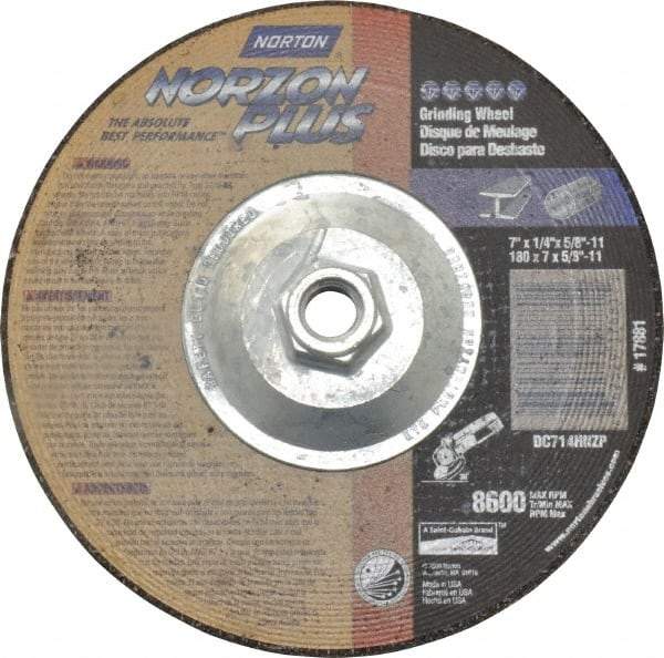 Norton - 24 Grit, 7" Wheel Diam, 1/4" Wheel Thickness, Type 27 Depressed Center Wheel - Ceramic, 8,600 Max RPM, Compatible with Angle Grinder - Industrial Tool & Supply