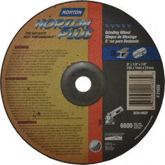 Norton - 24 Grit, 9" Wheel Diam, 1/4" Wheel Thickness, 7/8" Arbor Hole, Type 27 Depressed Center Wheel - Ceramic, 6,600 Max RPM, Compatible with Angle Grinder - Industrial Tool & Supply