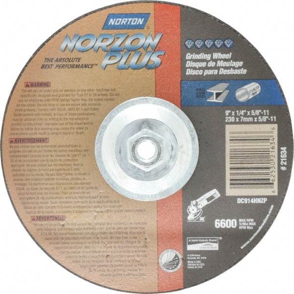 Norton - 24 Grit, 9" Wheel Diam, 1/4" Wheel Thickness, Type 27 Depressed Center Wheel - Ceramic, 6,600 Max RPM, Compatible with Angle Grinder - Industrial Tool & Supply