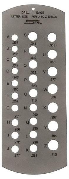 SPI - A Letter to Z Letter Hole Size Drill Gage - 6 Inch Long, 2-1/2 Inch Wide, 26 Holes - Industrial Tool & Supply