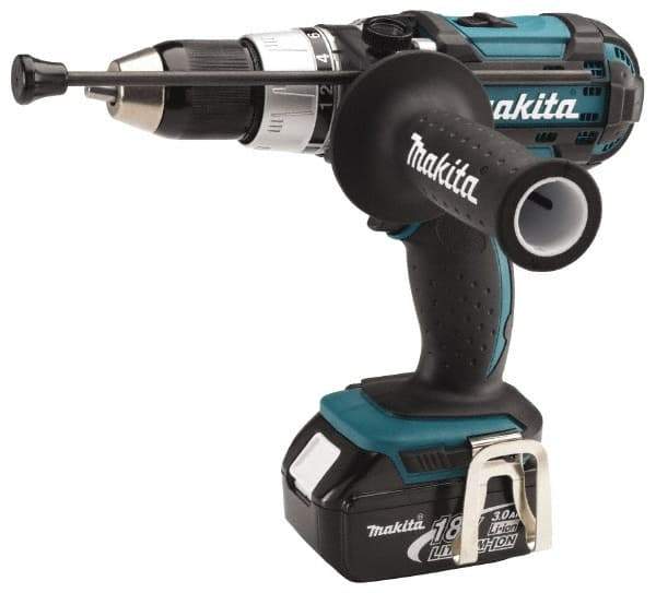 Makita - 18 Volt 1/2" Keyless Chuck Cordless Hammer Drill - 0 to 30,000 BPM, 0 to 400 & 0 to 1,700 RPM, Reversible, Pistol Grip Handle - Industrial Tool & Supply