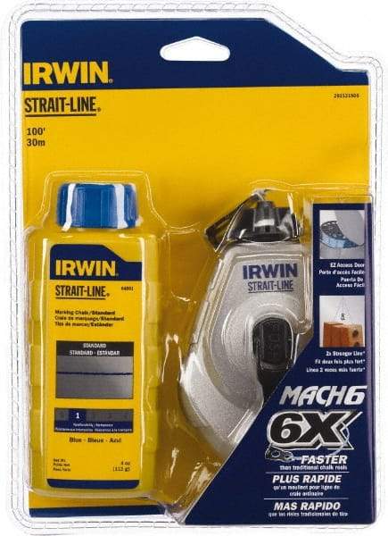 Irwin - 100' Long Reel & Chalk Set - Blue, Includes (1) 4 oz Standard Blue Chalk (6:1) & (1) MACH6 Chalk Reel - Industrial Tool & Supply