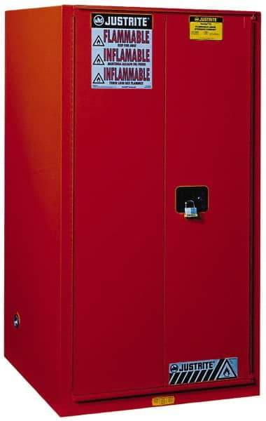 Justrite - 2 Door, 5 Shelf, Red Steel Standard Safety Cabinet for Flammable and Combustible Liquids - 65" High x 34" Wide x 34" Deep, Manual Closing Door, 3 Point Key Lock, 96 Gal Capacity - Industrial Tool & Supply