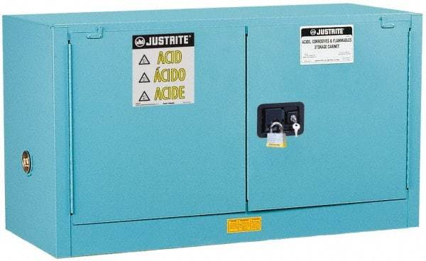 Justrite - 2 Door, 1 Shelf, Blue Steel Stackable Safety Cabinet for Corrosive Chemicals - 24" High x 43" Wide x 18" Deep, Manual Closing Door, 17 Gal Capacity - Industrial Tool & Supply