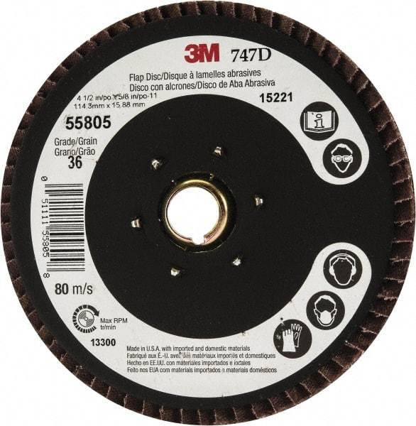 3M - 36 Grit, 4-1/2" Disc Diam, 5/8-11 Center Hole, Type 27 Ceramic Flap Disc - 13,300 Max RPM, Cloth Backing, Arbor Attaching System, Coated - Industrial Tool & Supply