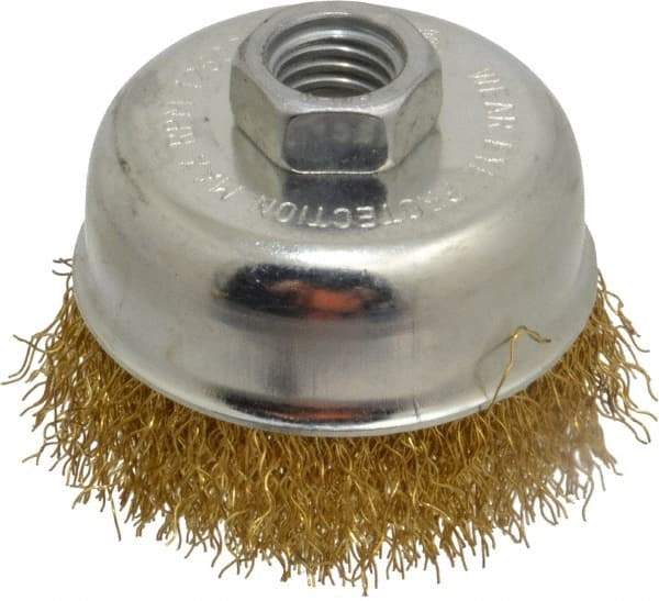 Value Collection - 2-3/4" Diam, 5/8-11 Threaded Arbor, Brass Fill Cup Brush - 0.014 Wire Diam, 7/8" Trim Length, 12,500 Max RPM - Industrial Tool & Supply