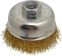 Value Collection - 2-3/4" Diam, 5/8-11 Threaded Arbor, Brass Fill Cup Brush - 0.014 Wire Diam, 7/8" Trim Length, 12,500 Max RPM - Industrial Tool & Supply