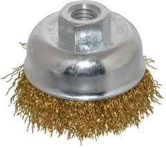 Value Collection - 2-3/4" Diam, 5/8-11 Threaded Arbor, Brass Fill Cup Brush - 0.02 Wire Diam, 7/8" Trim Length, 12,500 Max RPM - Industrial Tool & Supply