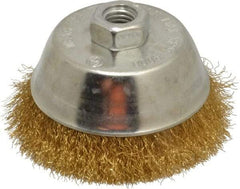 Value Collection - 4" Diam, 5/8-11 Threaded Arbor, Brass Fill Cup Brush - 0.008 Wire Diam, 1-1/8" Trim Length, 9,000 Max RPM - Industrial Tool & Supply