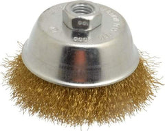 Value Collection - 4" Diam, 5/8-11 Threaded Arbor, Brass Fill Cup Brush - 0.014 Wire Diam, 1-1/8" Trim Length, 9,000 Max RPM - Industrial Tool & Supply