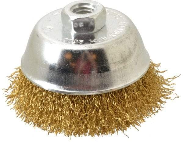 Value Collection - 4" Diam, 5/8-11 Threaded Arbor, Brass Fill Cup Brush - 0.02 Wire Diam, 1-1/8" Trim Length, 9,000 Max RPM - Industrial Tool & Supply