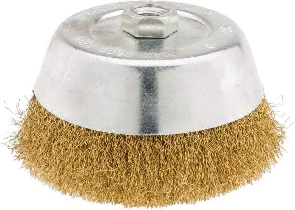 Value Collection - 6" Diam, 5/8-11 Threaded Arbor, Brass Fill Cup Brush - 0.014 Wire Diam, 1-1/4" Trim Length, 6,500 Max RPM - Industrial Tool & Supply
