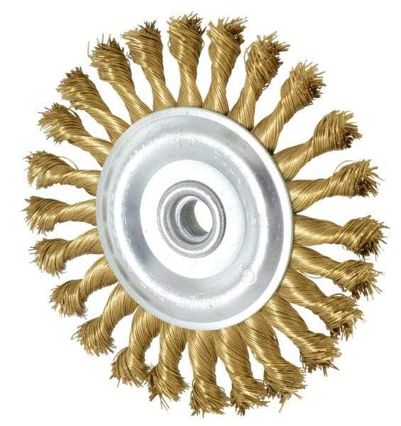 Value Collection - 6" OD, 5/8-11 Arbor Hole, Knotted Brass Wheel Brush - 5/8" Face Width, 1-1/4" Trim Length, 0.02" Filament Diam, 9,000 RPM - Industrial Tool & Supply