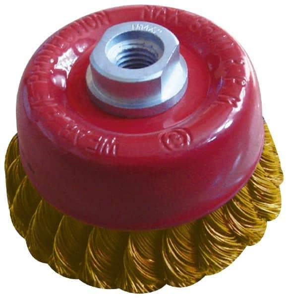 Value Collection - 2-3/4" Diam, M14x.20 Threaded Arbor, Brass Fill Cup Brush - 0.02 Wire Diam, 3/4" Trim Length, 12,500 Max RPM - Industrial Tool & Supply