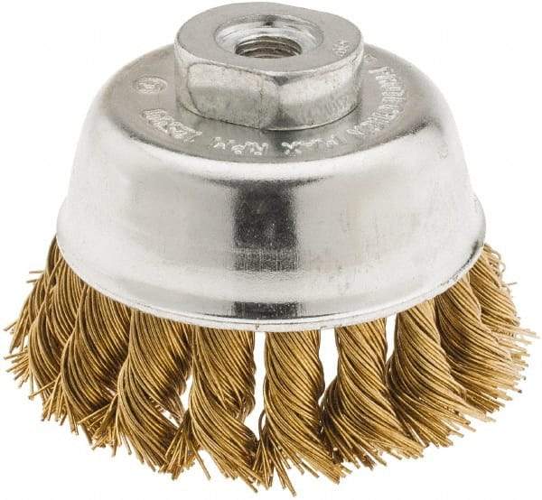 Value Collection - 2-3/4" Diam, 3/8-24 Threaded Arbor, Brass Fill Cup Brush - 0.02 Wire Diam, 3/4" Trim Length, 12,500 Max RPM - Industrial Tool & Supply
