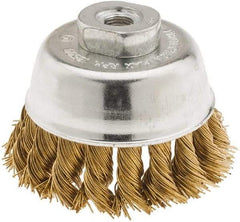 Value Collection - 2-3/4" Diam, 3/8-24 Threaded Arbor, Brass Fill Cup Brush - 0.02 Wire Diam, 3/4" Trim Length, 12,500 Max RPM - Industrial Tool & Supply