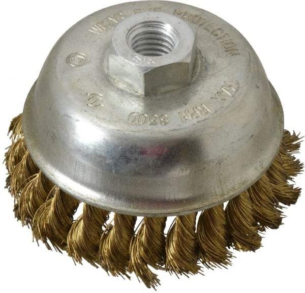 Value Collection - 4" Diam, 5/8-11 Threaded Arbor, Brass Fill Cup Brush - 0.014 Wire Diam, 7/8" Trim Length, 8,500 Max RPM - Industrial Tool & Supply