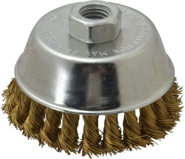 Value Collection - 4" Diam, 5/8-11 Threaded Arbor, Brass Fill Cup Brush - 0.02 Wire Diam, 7/8" Trim Length, 8,500 Max RPM - Industrial Tool & Supply