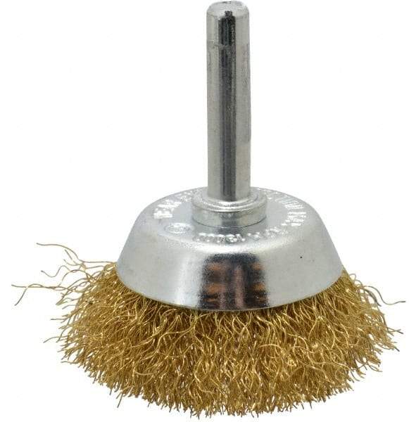 Value Collection - 1-3/4" Diam, 1/4" Shank Diam, Brass Fill Cup Brush - 0.008 Wire Diam, 9/16" Trim Length, 13,000 Max RPM - Industrial Tool & Supply