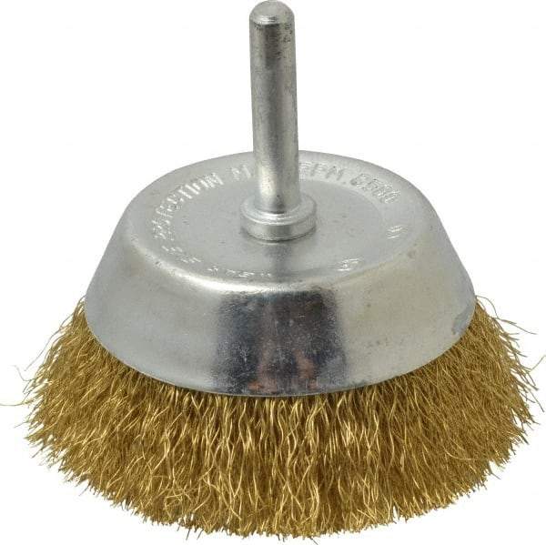 Value Collection - 2-3/4" Diam, 1/4" Shank Diam, Brass Fill Cup Brush - 0.008 Wire Diam, 7/8" Trim Length, 8,500 Max RPM - Industrial Tool & Supply