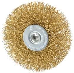 Value Collection - 3" OD, 1/4" Shank Diam, Crimped Brass Wheel Brush - 3/8" Face Width, 7/8" Trim Length, 0.014" Filament Diam, 20,000 RPM - Industrial Tool & Supply
