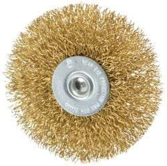 Value Collection - 3" OD, 1/4" Shank Diam, Crimped Brass Wheel Brush - 3/8" Face Width, 7/8" Trim Length, 0.014" Filament Diam, 20,000 RPM - Industrial Tool & Supply