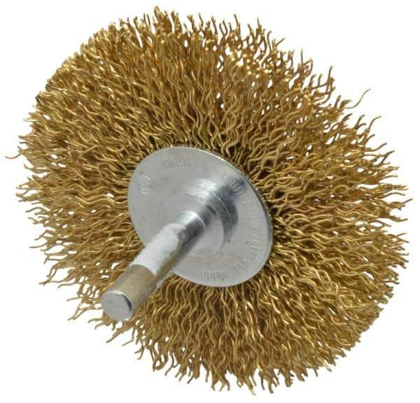 Value Collection - 3" OD, 1/4" Shank Diam, Crimped Brass Wheel Brush - 3/8" Face Width, 7/8" Trim Length, 0.02" Filament Diam, 20,000 RPM - Industrial Tool & Supply
