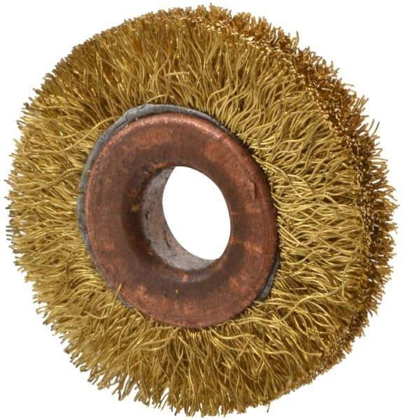 Value Collection - 1-1/2" OD, 3/8" Arbor Hole, Crimped Brass Wheel Brush - 5/16" Face Width, 3/8" Trim Length, 0.008" Filament Diam, 20,000 RPM - Industrial Tool & Supply