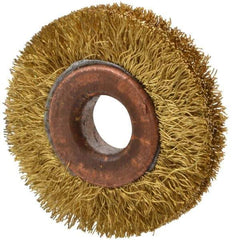 Value Collection - 1-1/2" OD, 3/8" Arbor Hole, Crimped Brass Wheel Brush - 5/16" Face Width, 3/8" Trim Length, 0.008" Filament Diam, 20,000 RPM - Industrial Tool & Supply