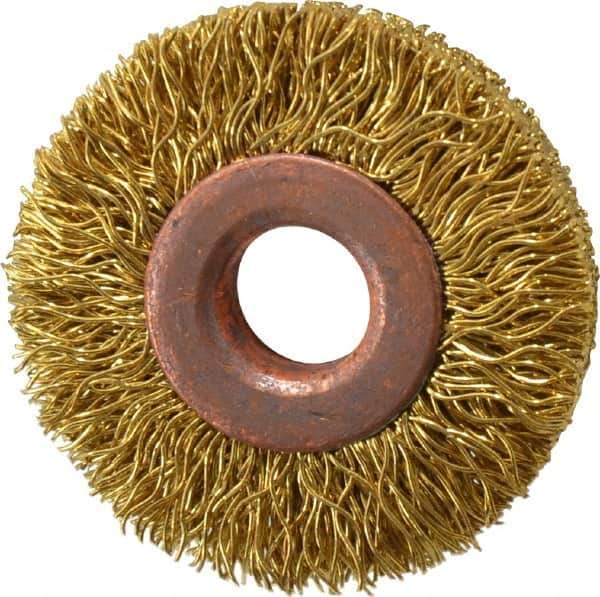 Value Collection - 1-1/2" OD, 3/8" Arbor Hole, Crimped Brass Wheel Brush - 5/16" Face Width, 3/8" Trim Length, 0.014" Filament Diam, 20,000 RPM - Industrial Tool & Supply