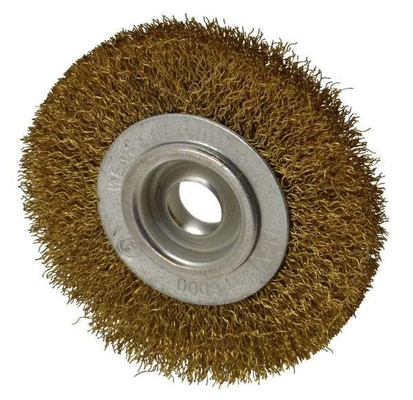 Value Collection - 4" OD, 5/8" Arbor Hole, Crimped Brass Wheel Brush - 1/2" Face Width, 5/8" Trim Length, 0.014" Filament Diam, 6,000 RPM - Industrial Tool & Supply