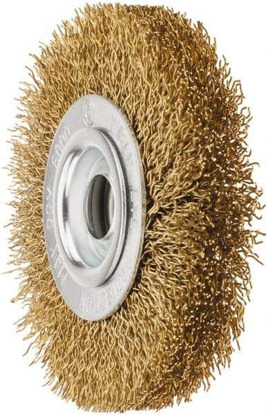 Value Collection - 4" OD, 5/8" Arbor Hole, Crimped Brass Wheel Brush - 1/2" Face Width, 5/8" Trim Length, 0.02" Filament Diam, 6,000 RPM - Industrial Tool & Supply