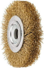 Value Collection - 4" OD, 5/8" Arbor Hole, Crimped Brass Wheel Brush - 1/2" Face Width, 5/8" Trim Length, 0.02" Filament Diam, 6,000 RPM - Industrial Tool & Supply