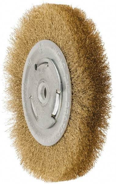 Value Collection - 6" OD, 5/8" Arbor Hole, Crimped Brass Wheel Brush - 1" Face Width, 1-1/8" Trim Length, 0.008" Filament Diam, 6,000 RPM - Industrial Tool & Supply